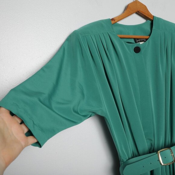 Vintage Joseph Ribkoff Midi Pleated Dress Secretary Geek Green Black Belted 80s - Picture 12 of 13